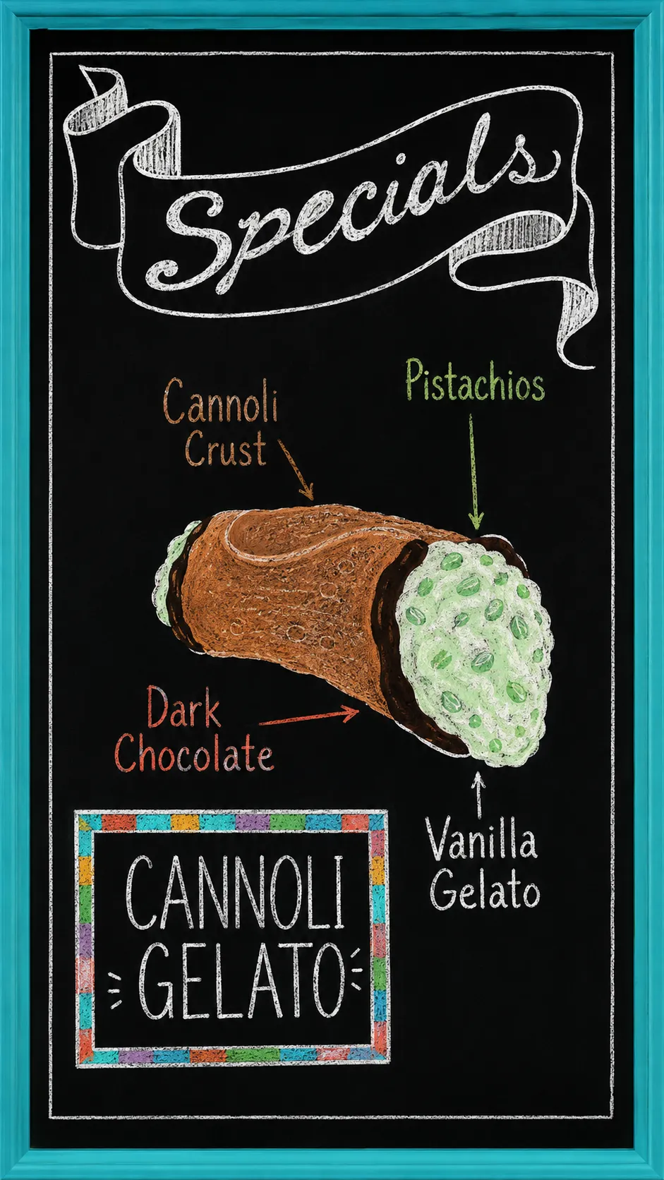 Composition board showing all the ingredients of a classic Sicilian cannoli