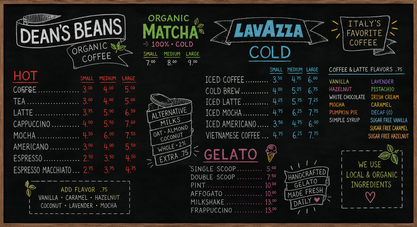 Full menu board with coffee, matcha, gelato and flavors